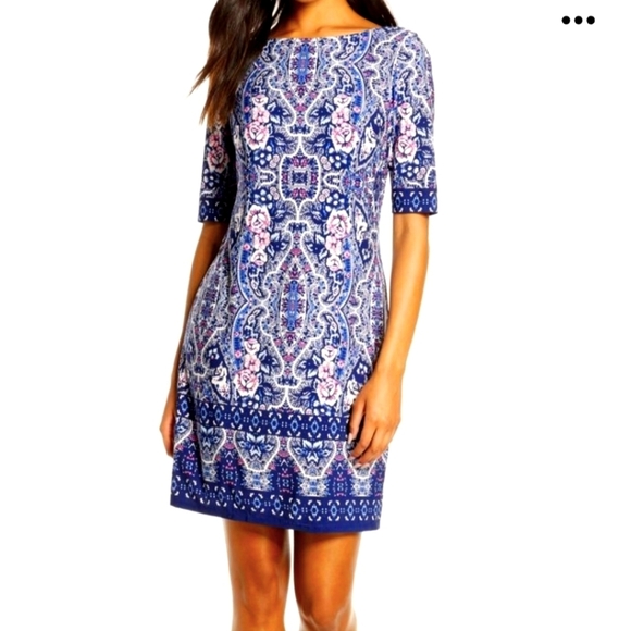 Eliza J Bateau Neck Shift Dress Size 16 Floral Abstract Print Back Zip Stretch - Picture 1 of 15